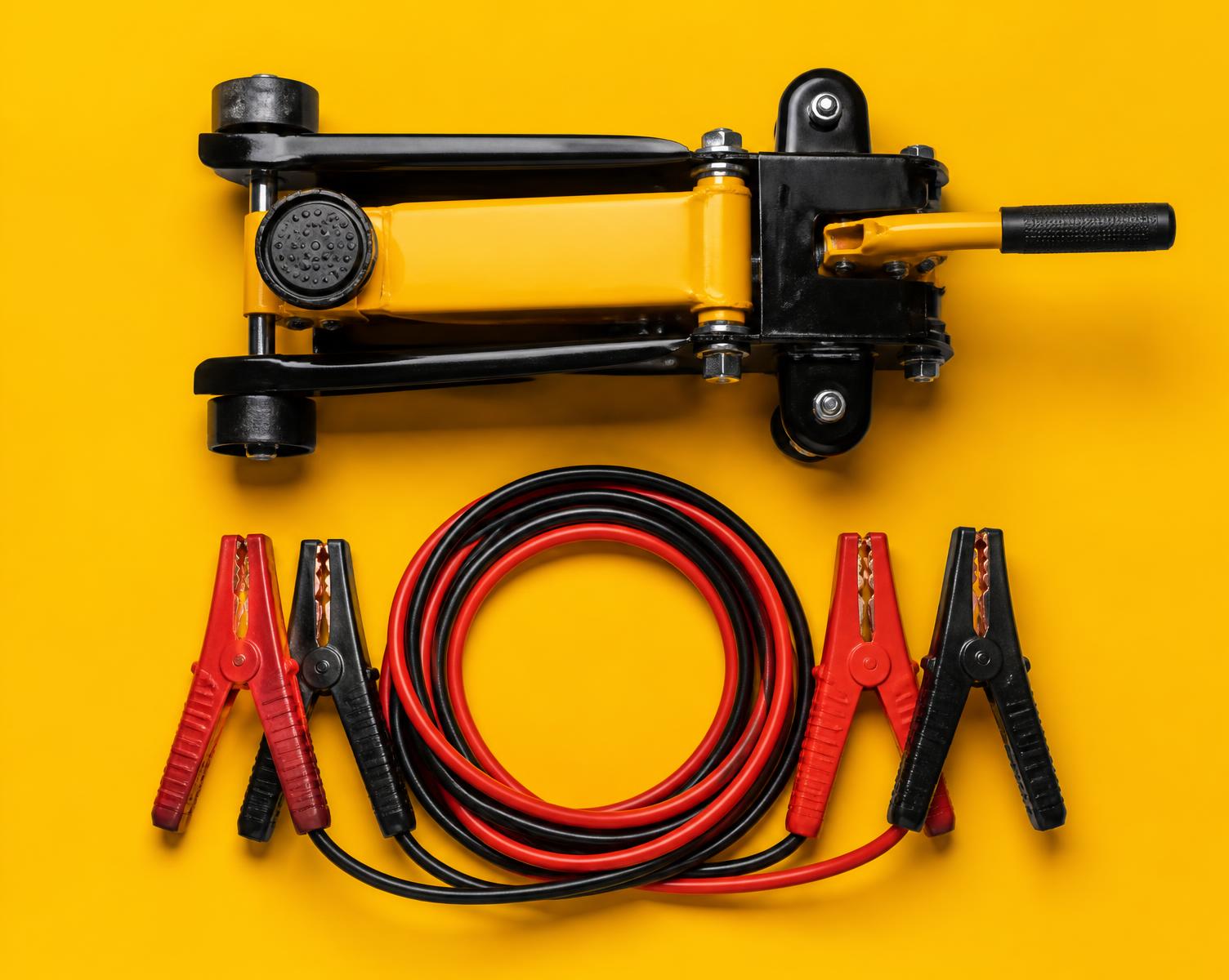 Hydraulic car jack and jumper cables on a safety yellow background